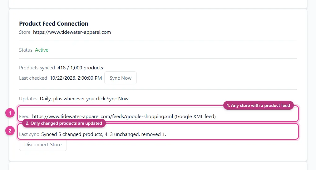 A store's product export connected as a product feed source and read daily into a Google Merchant Center feed, in Pin Data Connect