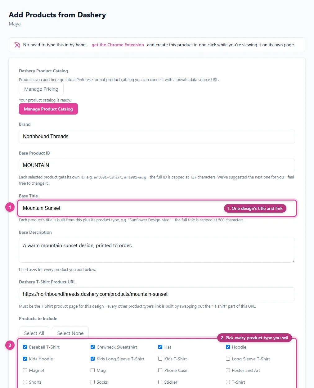 Building a Dashery Pinterest catalog: entering one print on demand design's base title and link, then ticking every product type sold on the Dashery store, in Pin Data Connect