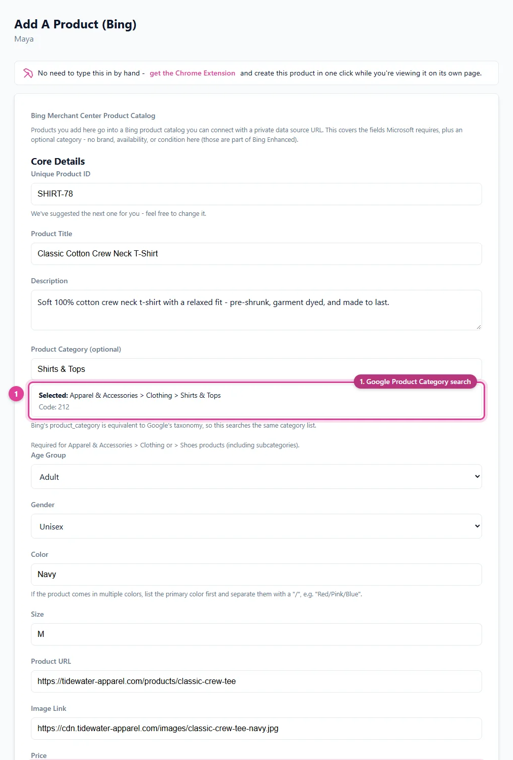 Adding a product from any e-commerce website to a Bing Shopping feed for Microsoft Merchant Center, with Google product category search, price, and shipping, in Pin Data Connect