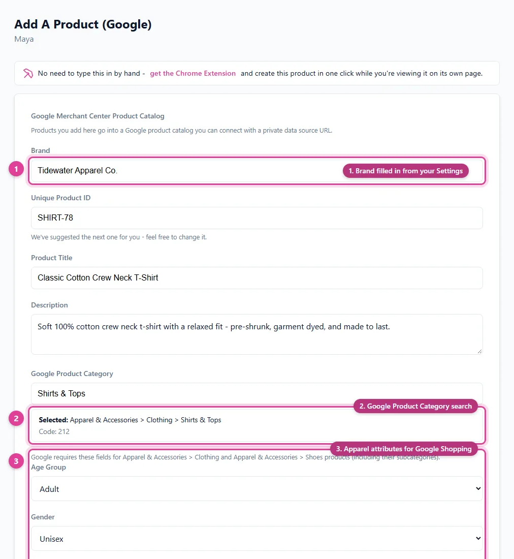 Adding a product from any e-commerce website to a Google Shopping feed for Google Merchant Center, with brand, Google product category search, and apparel fields, in Pin Data Connect