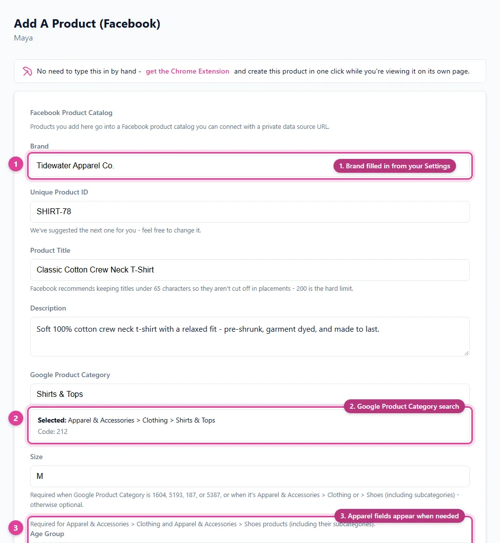 Adding a product to a Facebook product catalog in a browser form, with brand, title, description, Google Product Category, and apparel fields filled in, in Pin Data Connect