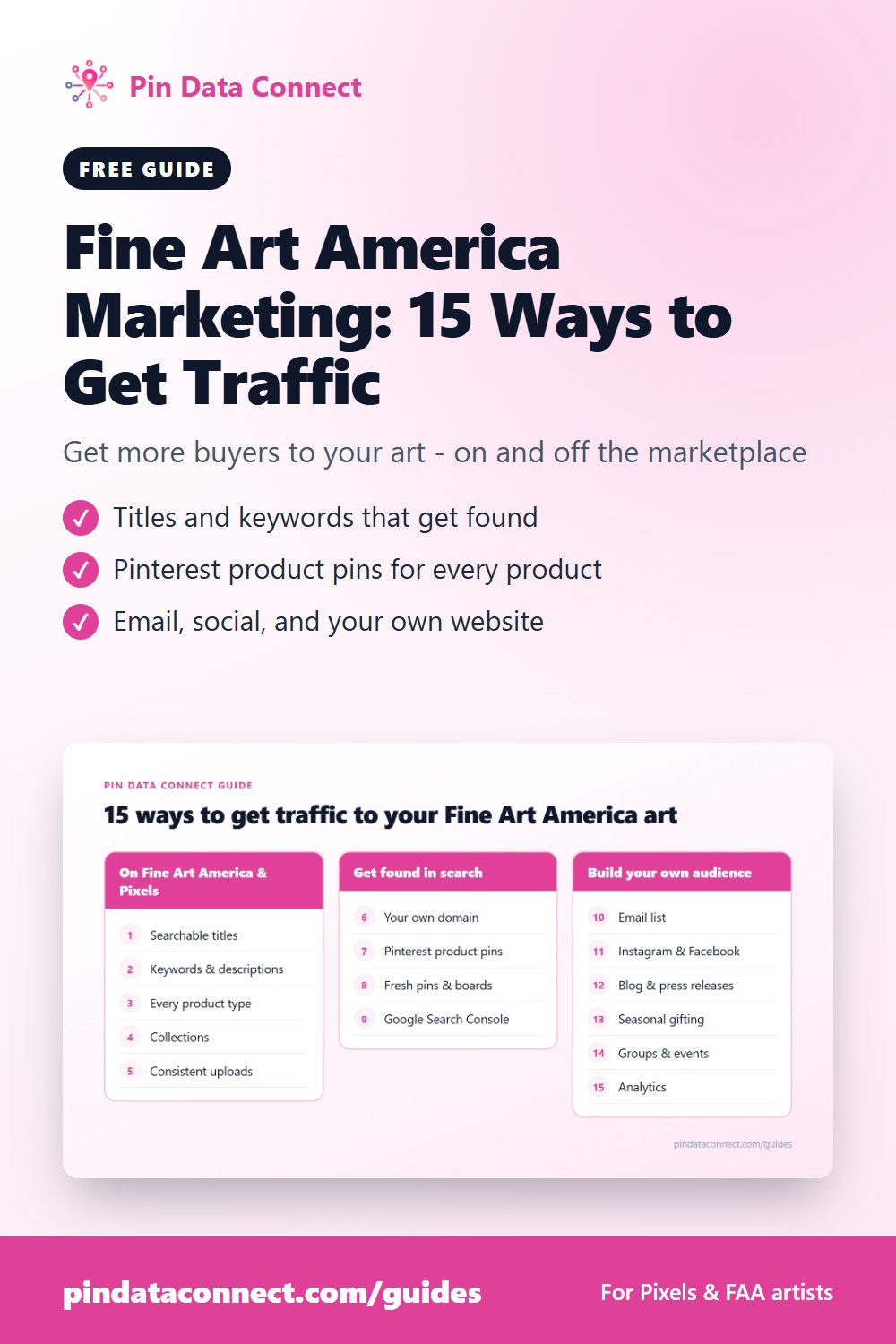 Pinterest pin: Fine Art America Marketing - 15 ways to get more traffic and sales for your Fine Art America and Pixels art, including keywords, Pinterest product pins, email, and a Pixels Pro website
