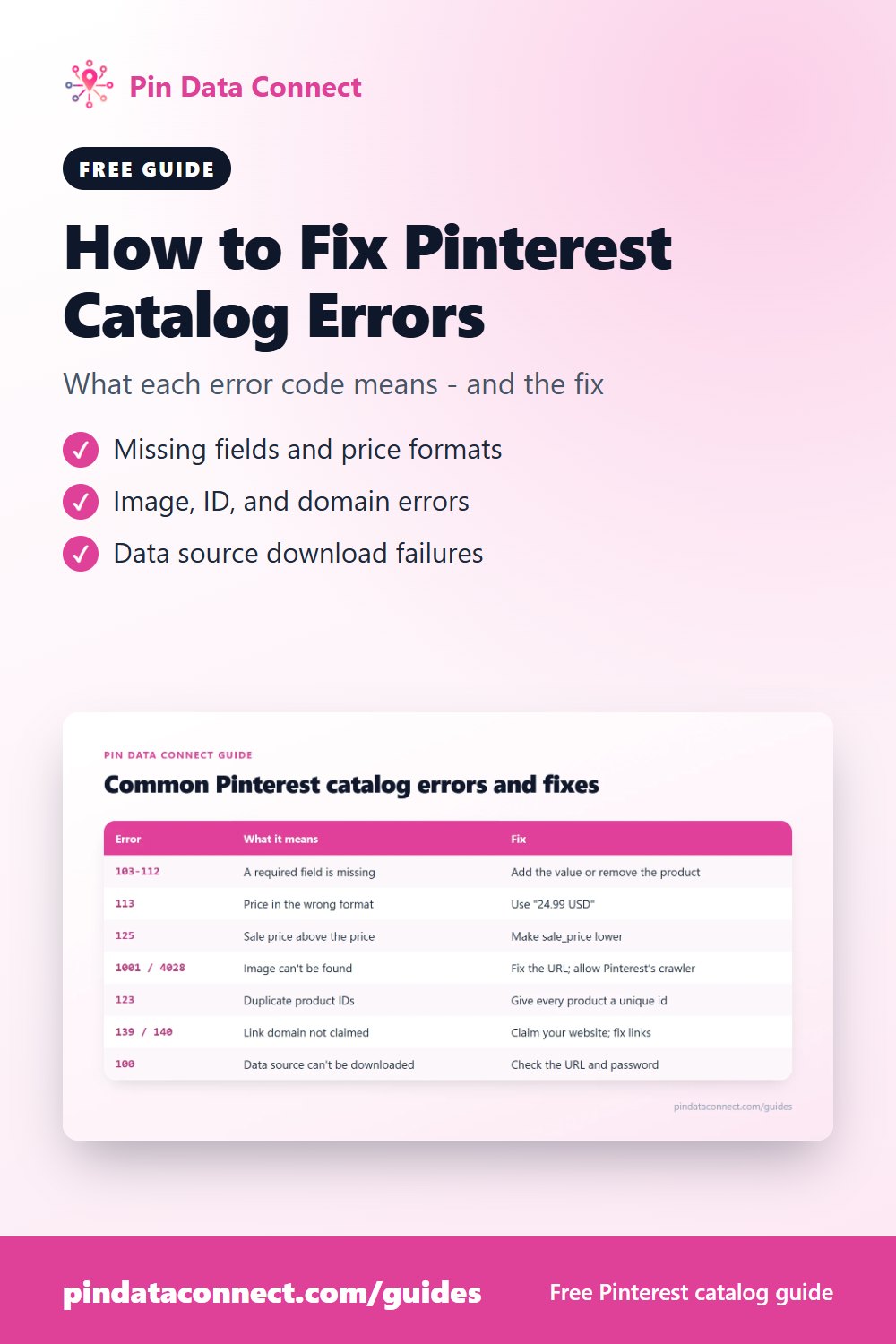 Pinterest pin: How to Fix Pinterest Catalog Errors - what common Pinterest catalog error codes mean and how to fix missing fields, price formats, images, duplicate IDs, unclaimed domains, and data source errors