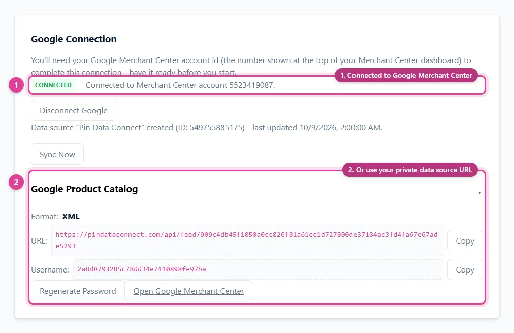 A Google Merchant Center feed connected to Google Merchant Center, with the catalog's private XML data source URL, username, and password ready for a scheduled fetch, in Pin Data Connect