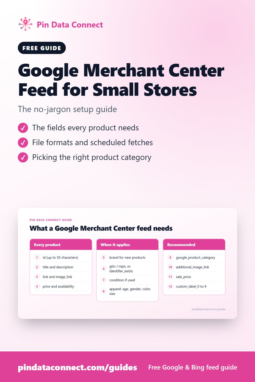 Pinterest pin: Google Merchant Center Feed for Small Stores - how to set up a Google Merchant Center feed with the required fields, scheduled fetches, and a category from the Google product category list