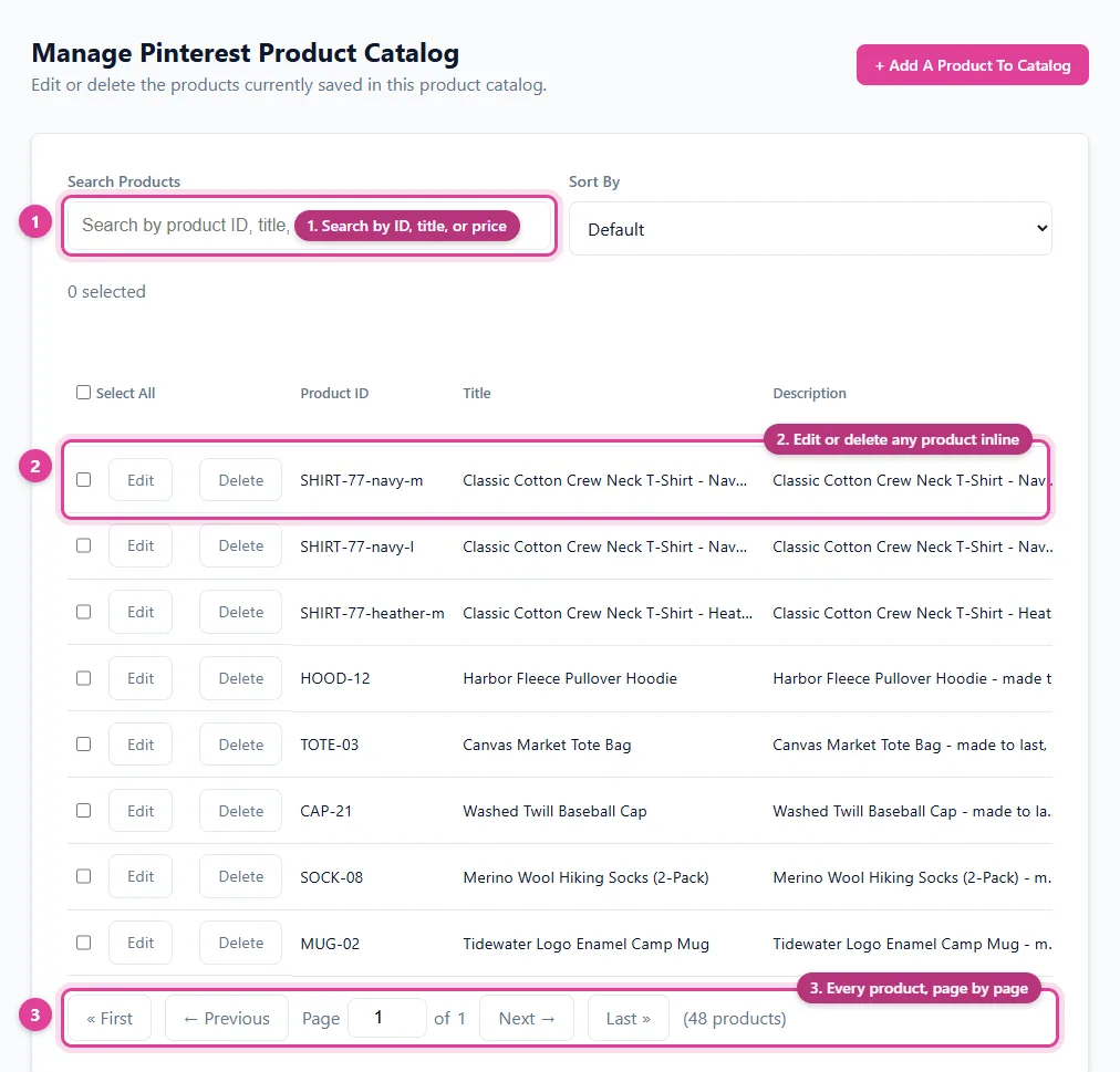 A Pinterest product catalog shown as rows of products with product ID, title, description, and price columns, matching the Pinterest catalog CSV template, in Pin Data Connect's Manage Product Catalog screen