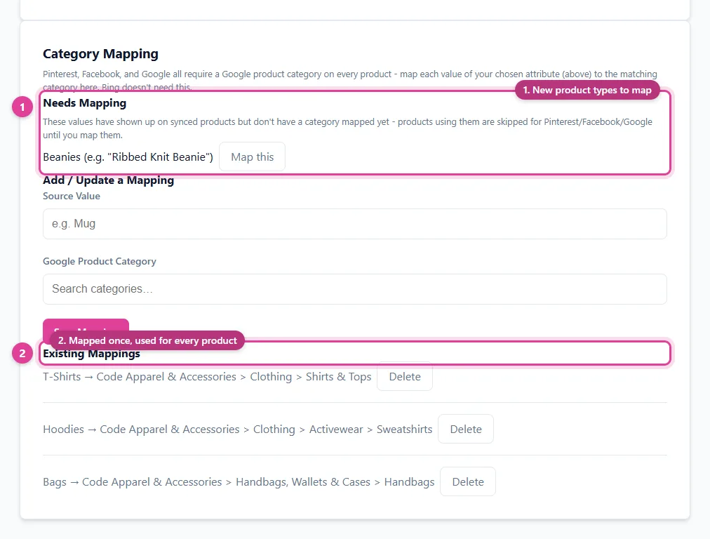 Mapping product types from a Presta catalog to Google product categories for a Google Merchant Center feed, in Pin Data Connect