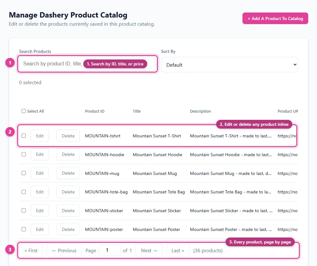One print on demand design listed as a separate Pinterest catalog product for each product type - T-shirt, hoodie, mug, and more - for Dashery Pinterest Product Pins, in Pin Data Connect