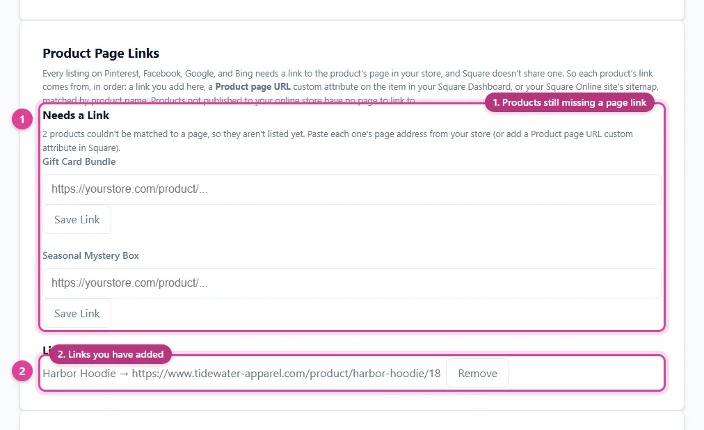 Product page links for a Square store being matched for a Facebook product catalog, in Pin Data Connect