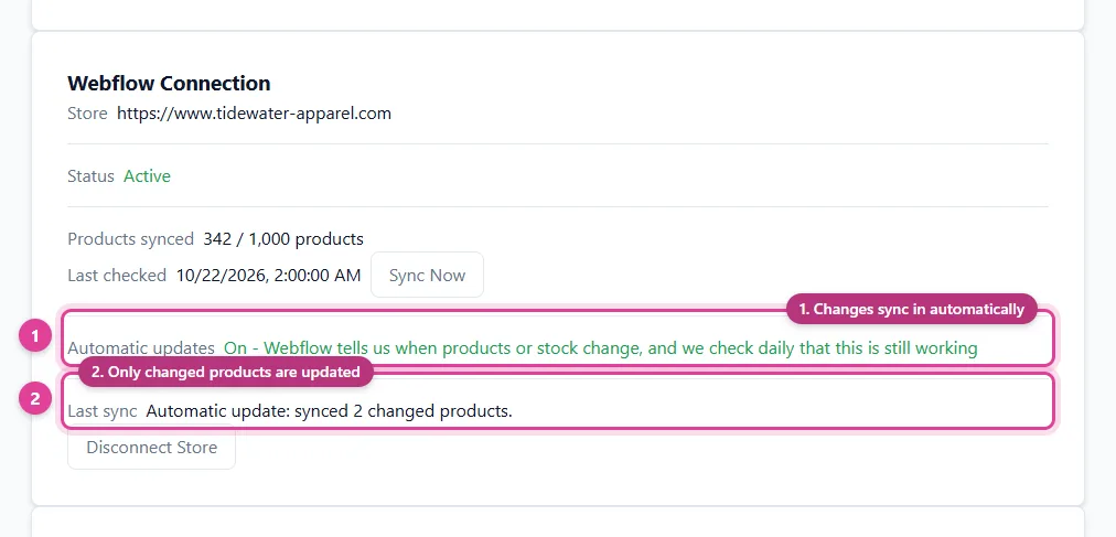 A Webflow store connected to sync its products to a Microsoft Merchant Center feed automatically, with automatic updates on and the last update shown, in Pin Data Connect