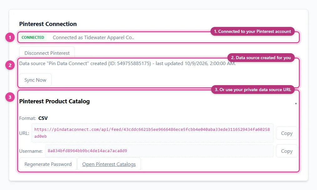 Pin Data Connect connection screen showing a Pinterest product catalog connected to Pinterest, the data source Pinterest created, and the catalog's private data source URL with username for Pinterest Catalogs