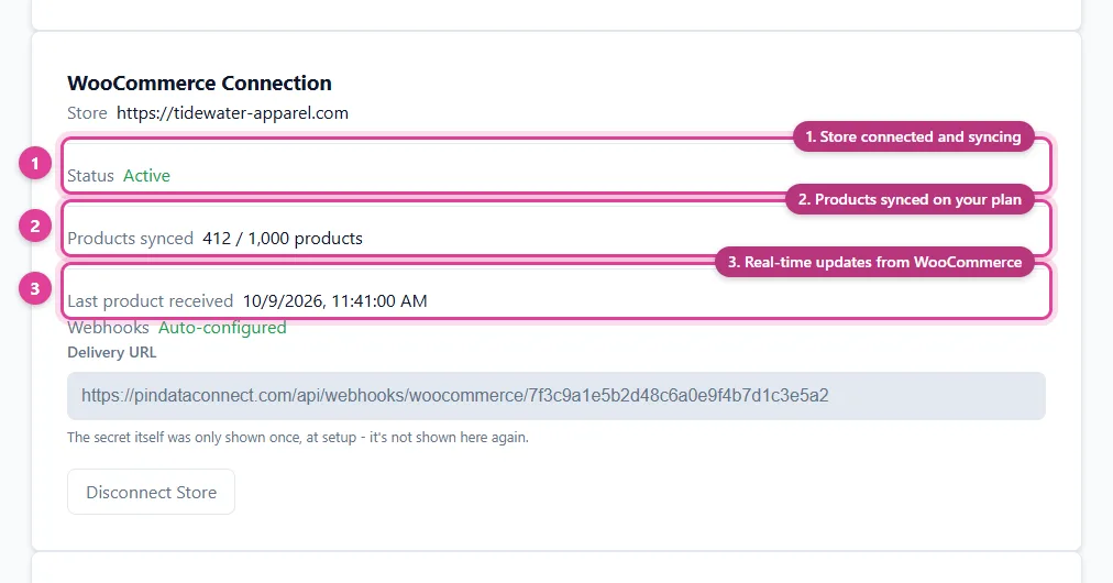 A WooCommerce store connected to sync its WooCommerce catalog to a Google Merchant Center feed in real time, showing products synced and the last update, in Pin Data Connect