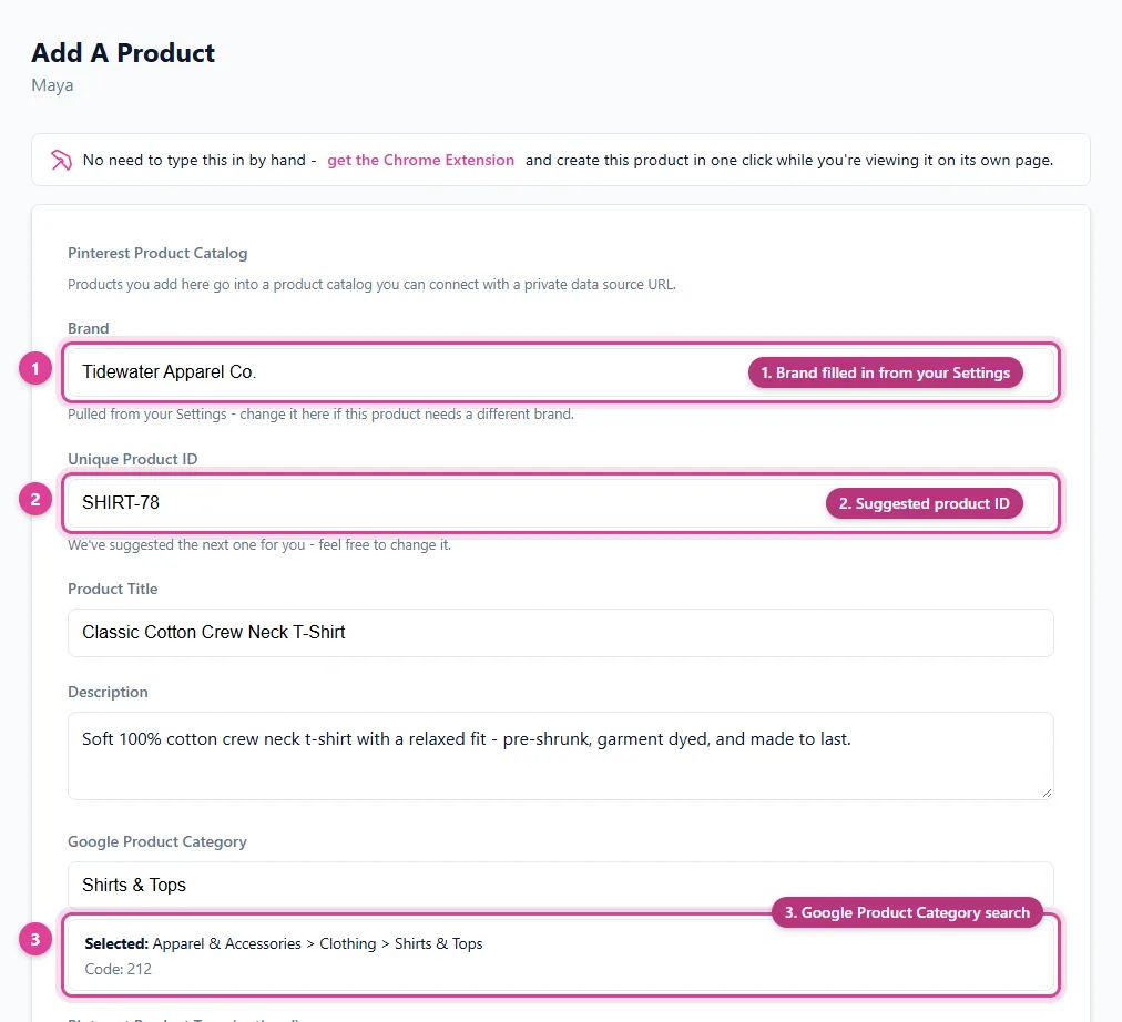 The Add A Product to Catalog form in Pin Data Connect with the product ID, title, description, link, image, and price filled in