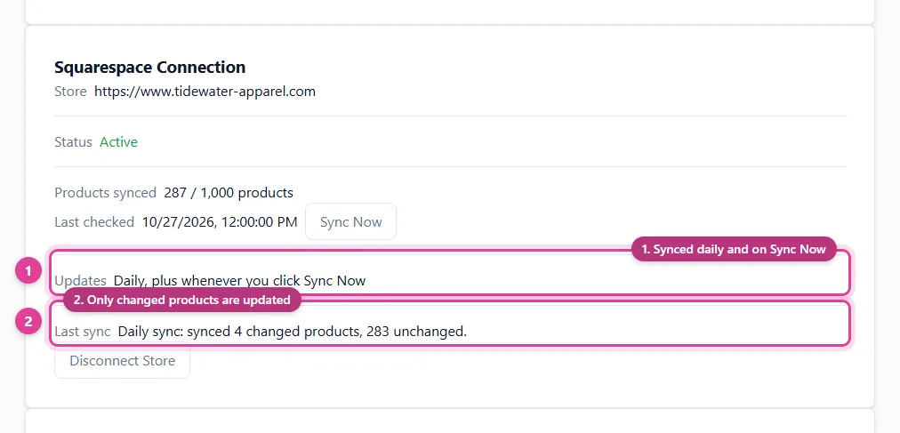 The Squarespace Connection card with daily updates and the result of the last daily sync