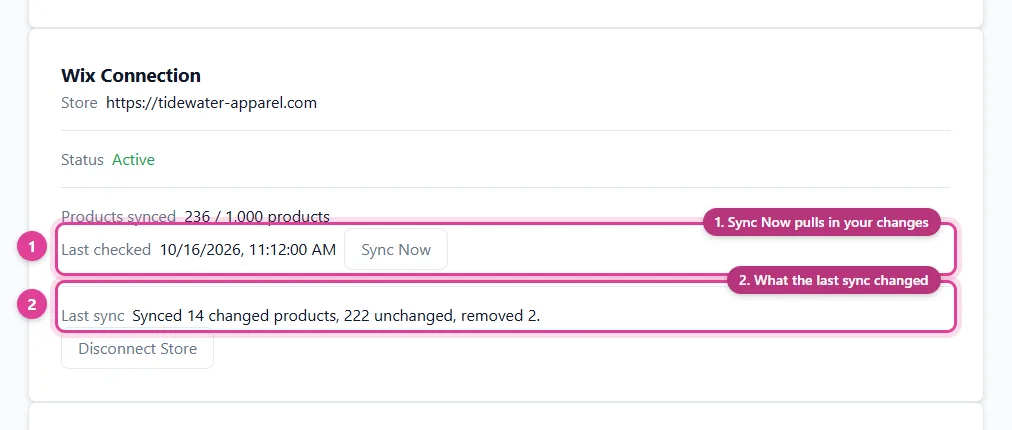 The Wix Connection card with the Sync Now button and the result of the last sync