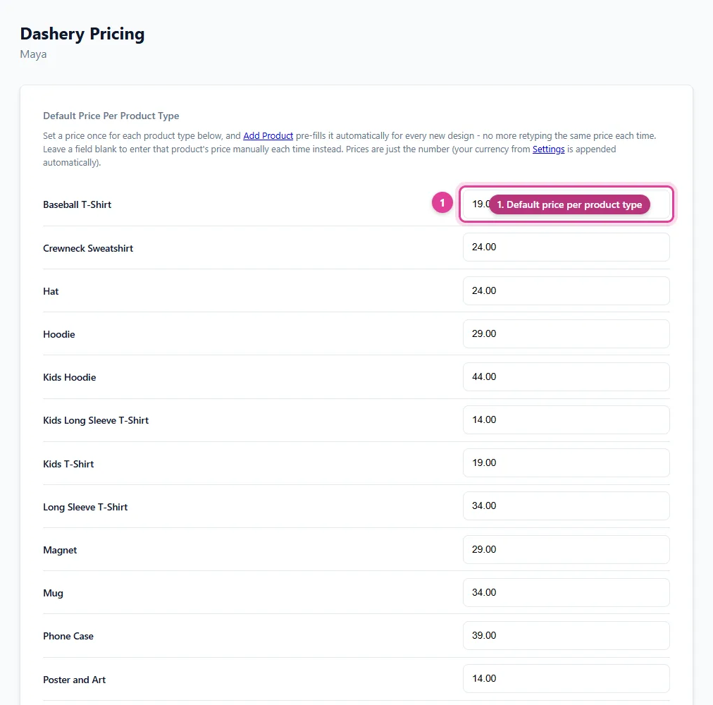 The Dashery Pricing page with a default price for each Dashery product type