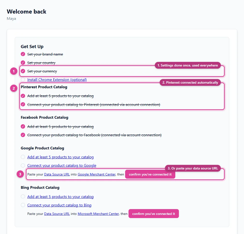 The Get Set Up checklist on the Pin Data Connect dashboard, with brand, country, and currency done and a Pinterest catalog connected