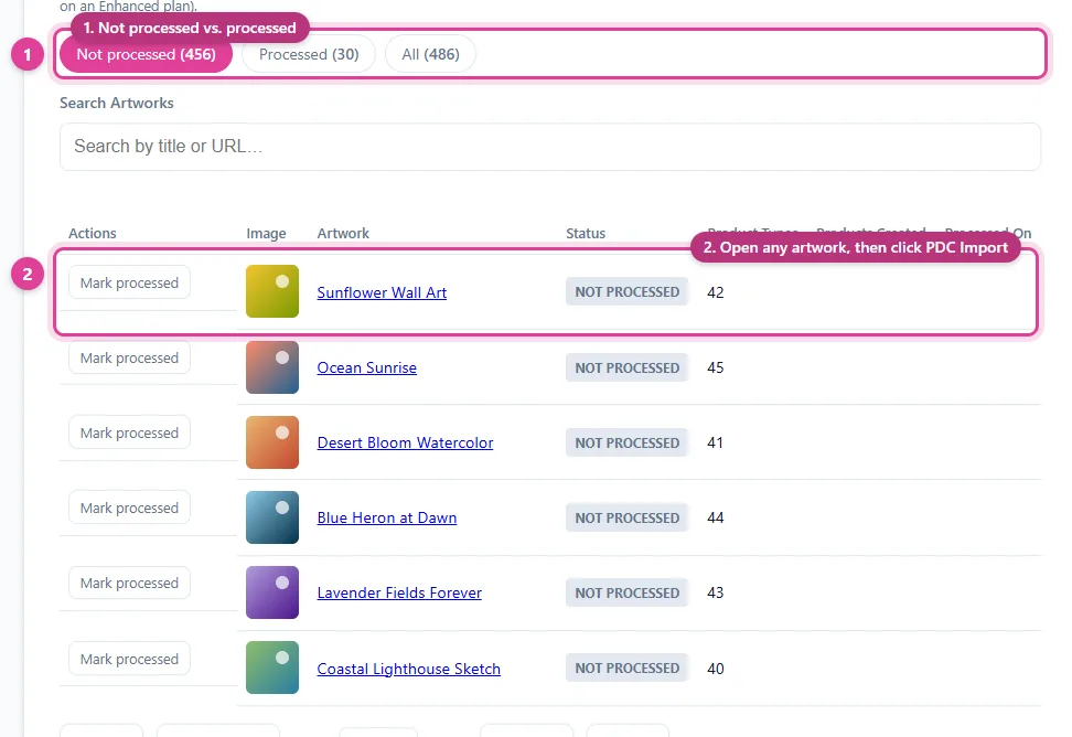 The Manage Artworks list in Pin Data Connect with Not processed, Processed, and All tabs and a search box