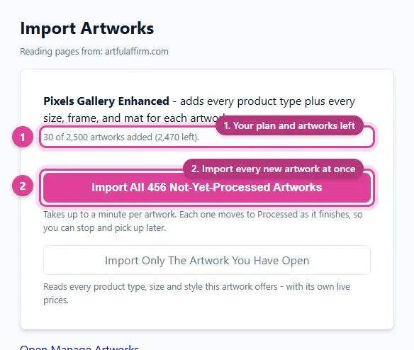 The PDC Import window showing the plan's artworks left and an Import All Not-Yet-Processed Artworks button
