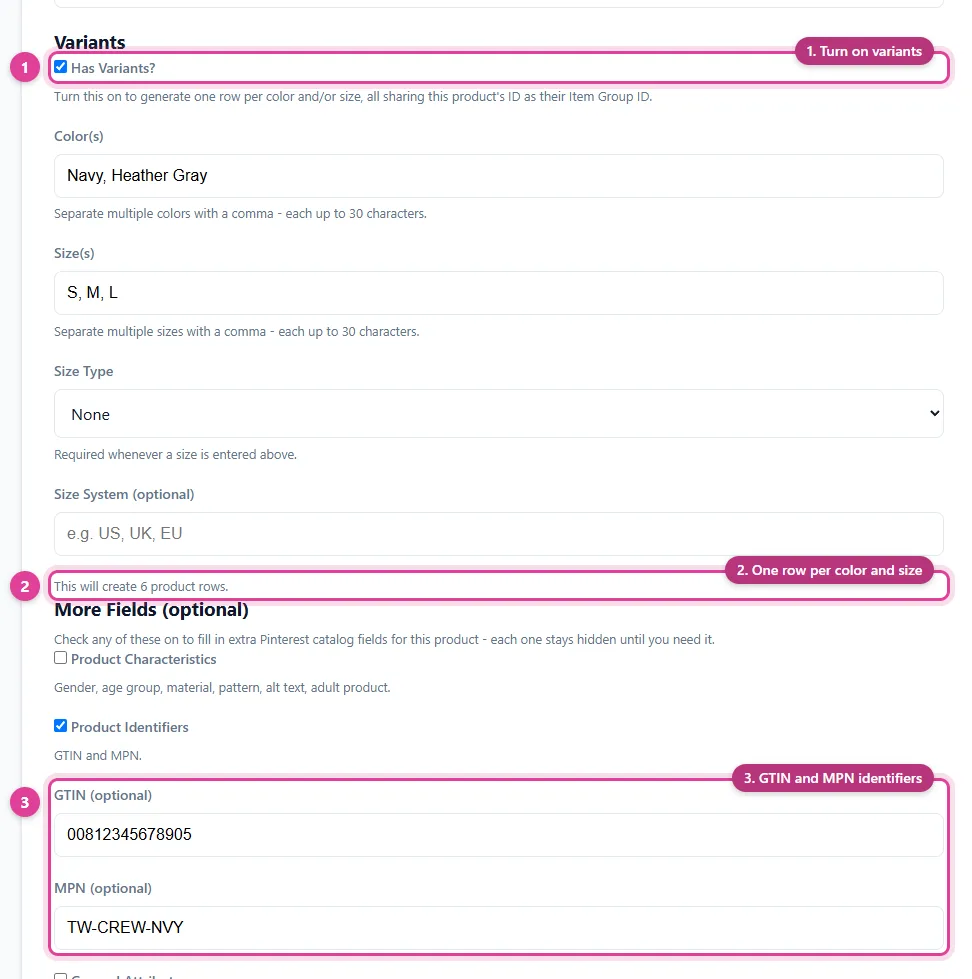The Variants section of the Pinterest Enhanced Add Product form with Has Variants? ticked, two colors, three sizes, and a preview of 6 product rows