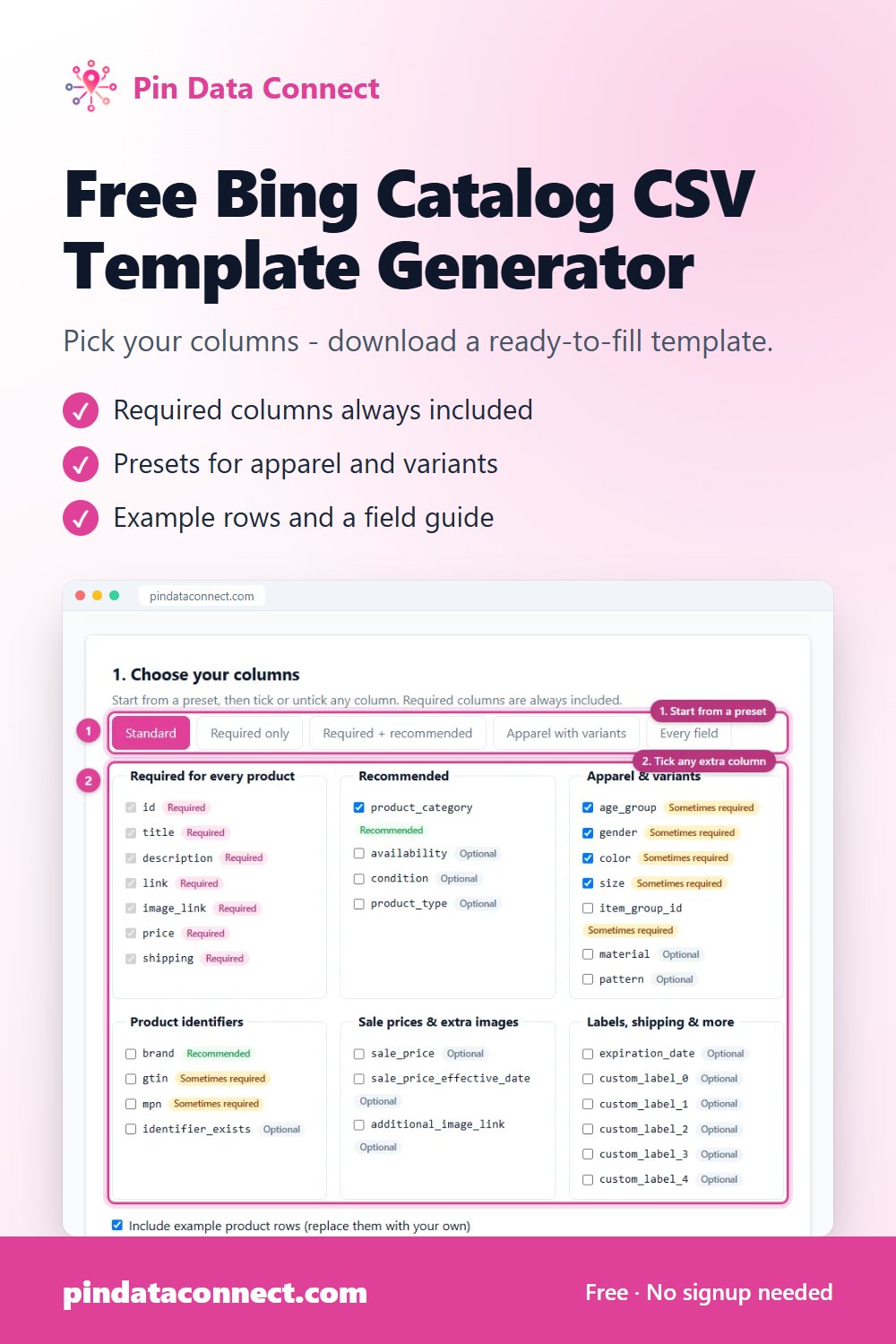 Pinterest pin: Free Bing Catalog CSV Template Generator - download a ready-to-fill Bing catalog template for Microsoft Merchant Center with example rows and a field guide for every column