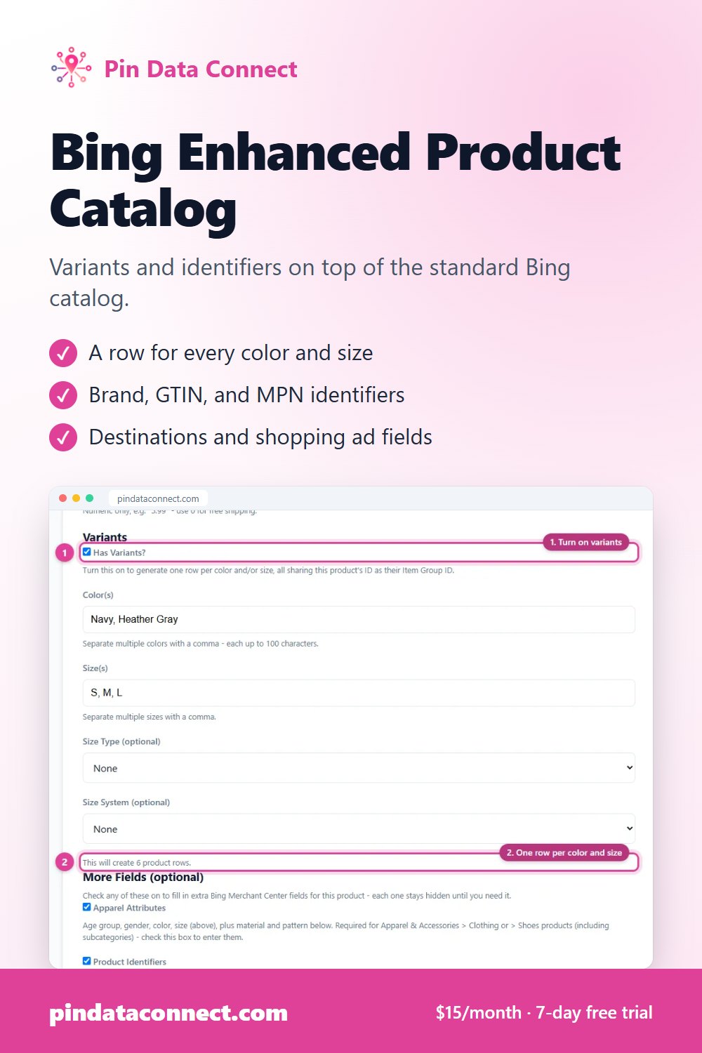 Pinterest pin: Bing Enhanced Product Catalog - Pin Data Connect, with a screenshot of the app