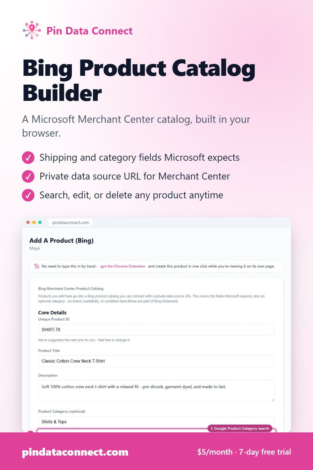 Pinterest pin: Bing Product Catalog Builder - Pin Data Connect, with a screenshot of the app