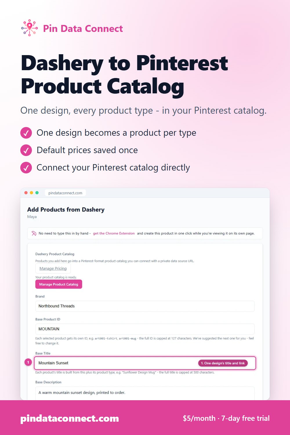 Pinterest pin: Dashery to Pinterest Product Catalog - Pin Data Connect, with a screenshot of the app
