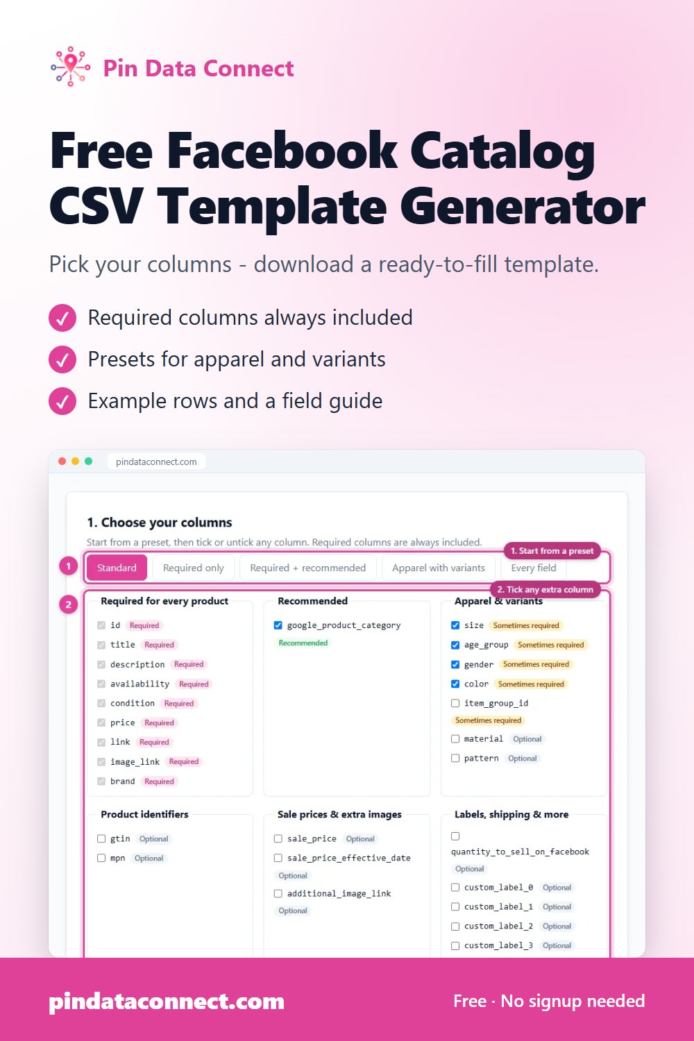 Pinterest pin: Free Facebook Catalog CSV Template Generator - download a ready-to-fill Facebook catalog CSV template with example rows and a field guide for every column