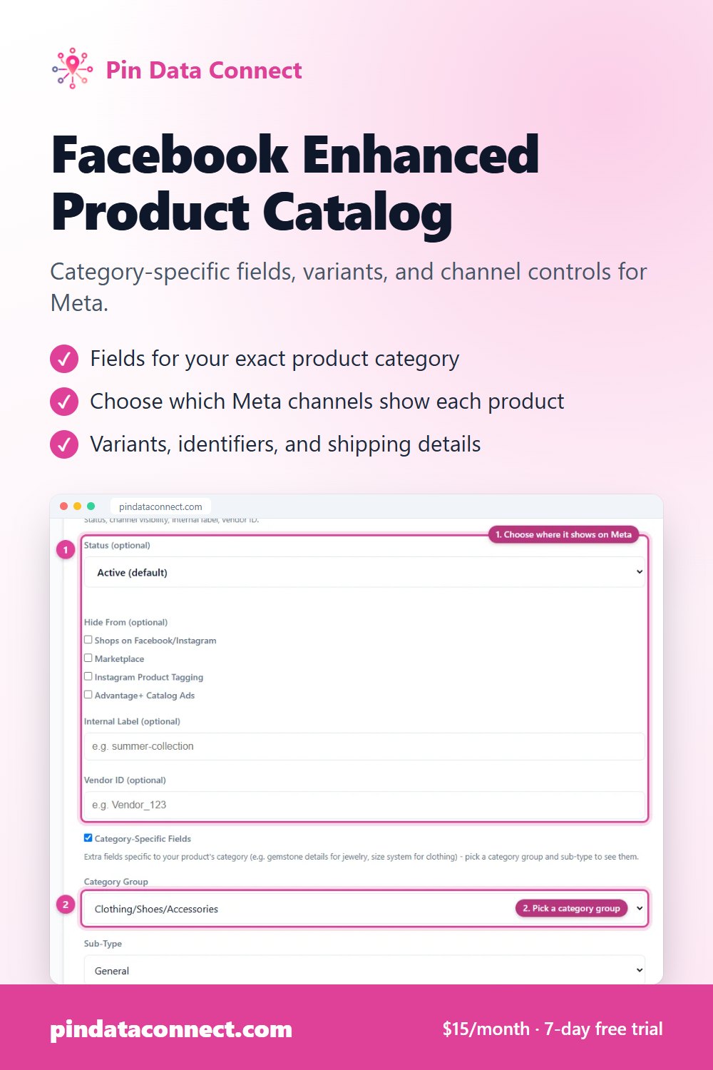 Pinterest pin: Facebook Enhanced Product Catalog - Pin Data Connect, with a screenshot of the app