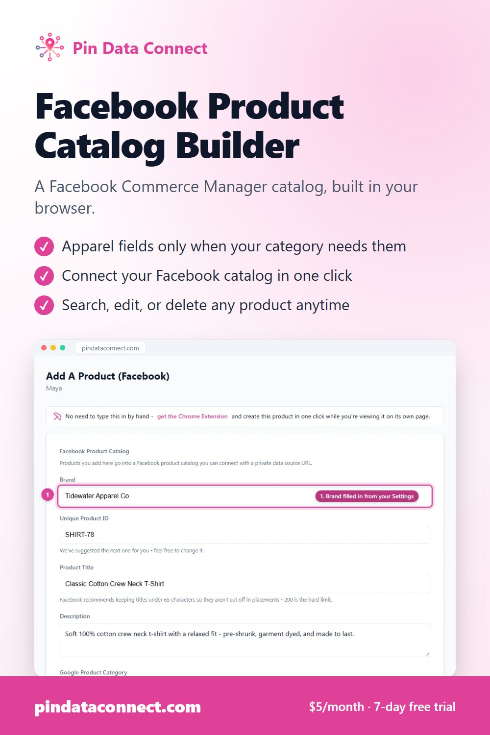 Pinterest pin: Facebook Product Catalog Builder - Pin Data Connect, with a screenshot of the app