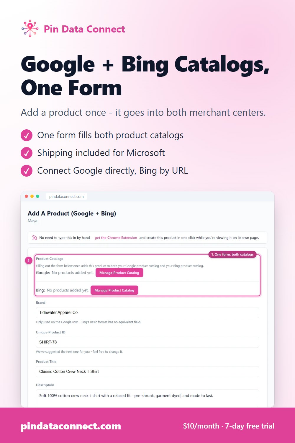 Pinterest pin: Google + Bing Catalogs, One Form - Pin Data Connect, with a screenshot of the app