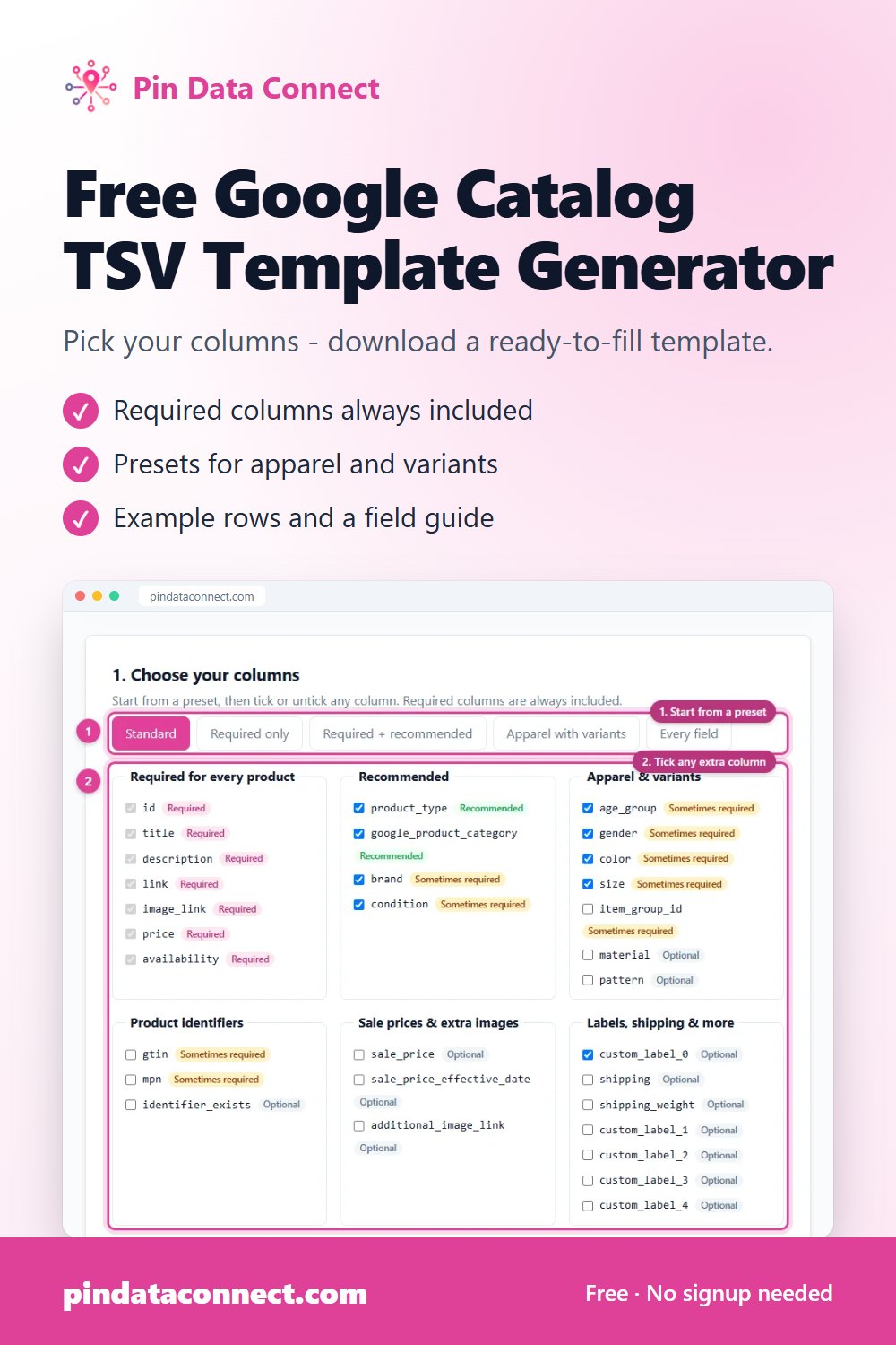 Pinterest pin: Free Google Catalog TSV Template Generator - download a ready-to-fill Google Merchant Center TSV feed template with example rows and a field guide for every column