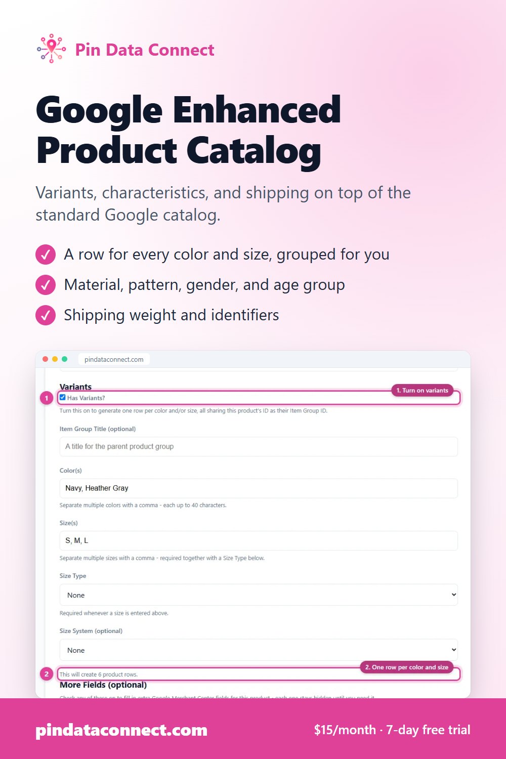 Pinterest pin: Google Enhanced Product Catalog - Pin Data Connect, with a screenshot of the app