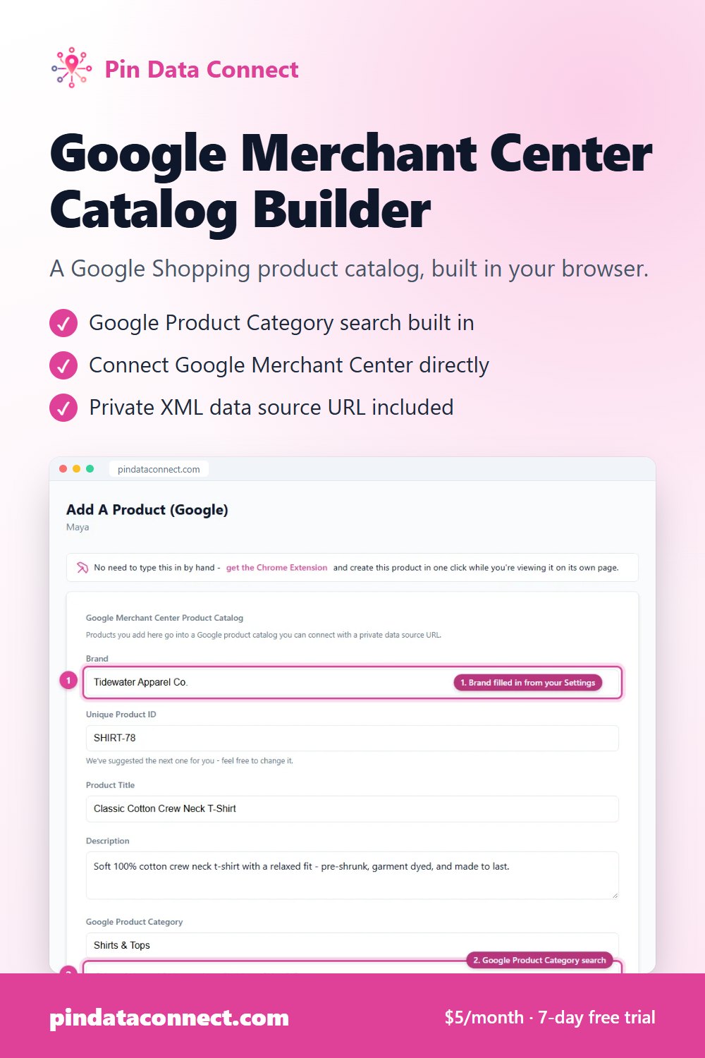 Pinterest pin: Google Merchant Center Catalog Builder - Pin Data Connect, with a screenshot of the app