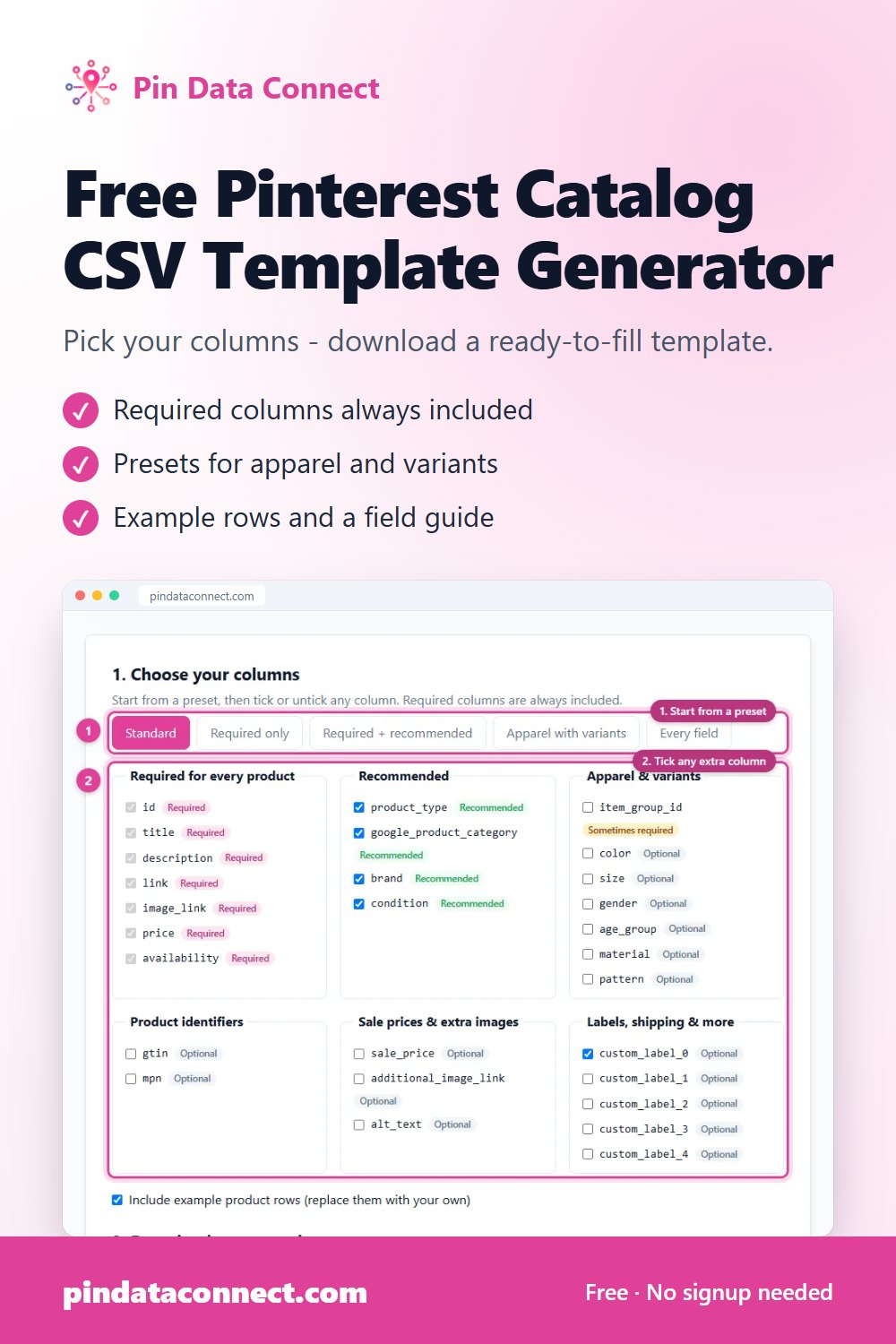 Pinterest pin: Free Pinterest Catalog CSV Template Generator - download a ready-to-fill Pinterest catalog CSV template with example rows and a field guide for every column