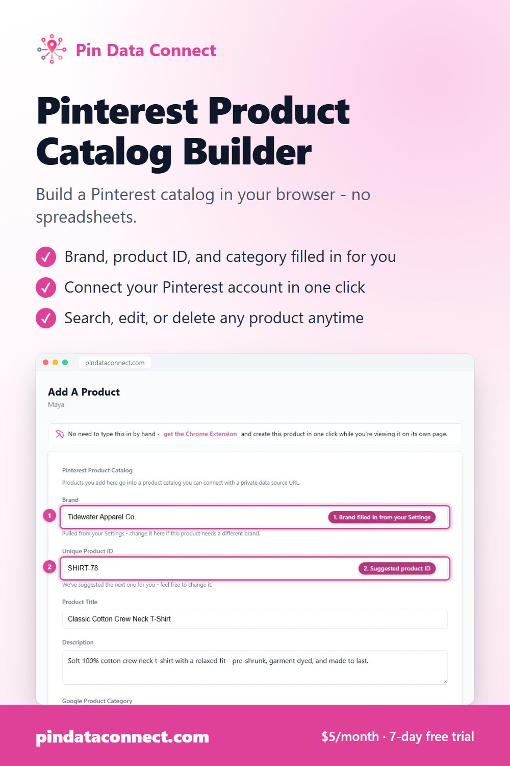 Pinterest pin: Pinterest Product Catalog Builder - Pin Data Connect, with a screenshot of the app