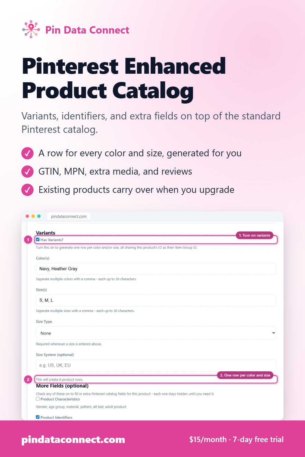 Pinterest pin: Pinterest Enhanced Product Catalog - Pin Data Connect, with a screenshot of the app