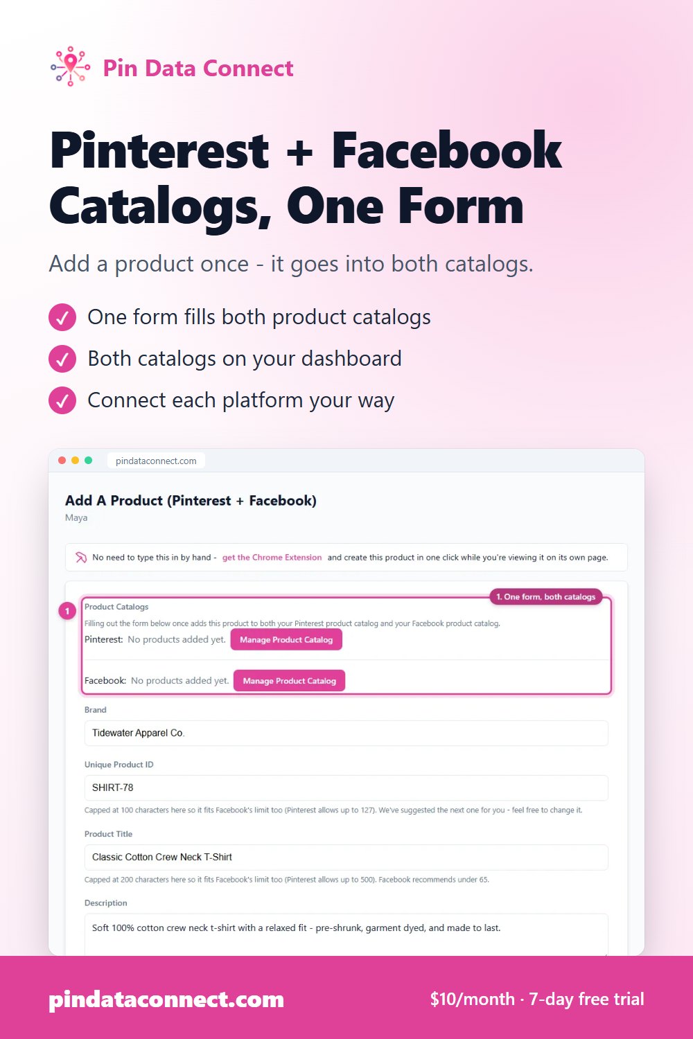 Pinterest pin: Pinterest + Facebook Catalogs, One Form - Pin Data Connect, with a screenshot of the app